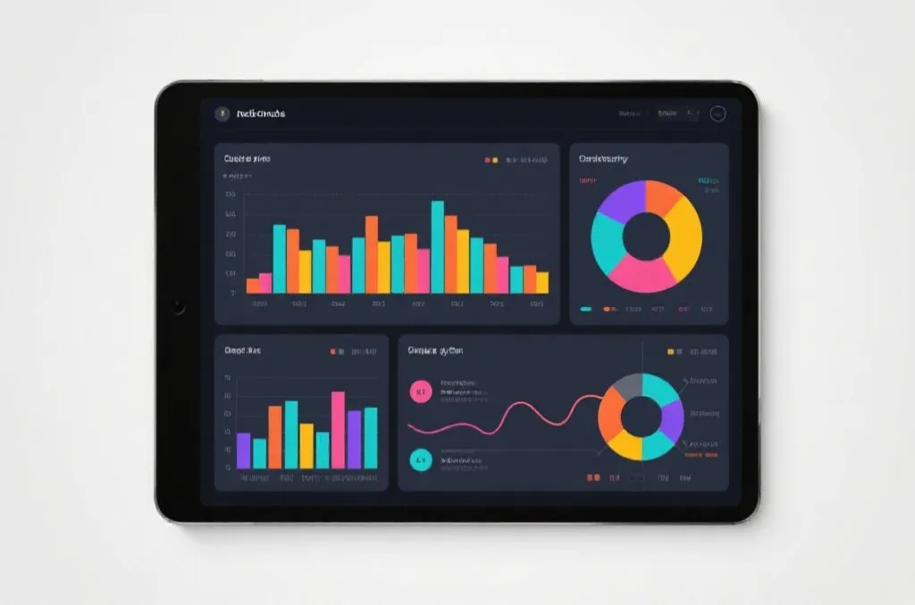 A modern digital tablet displaying color-coded bar charts and data visualization of modulo distributions